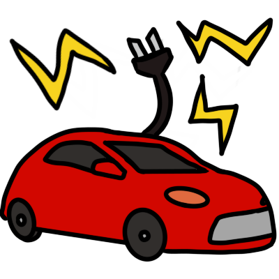 a red car with a charging lead coming out from behind it, and three lightning-bolt electricity symbols around the lead.